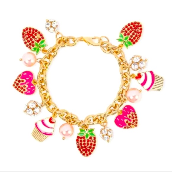 Strawberry Cupcake Gold Crystal Imitation Pearl Sweets Charm Bracelet - Picture 1 of 3